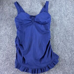 Lands' End Tankini Top Womens 12 Navy Blue Ruched Ruffle Hem Modest Swimwear